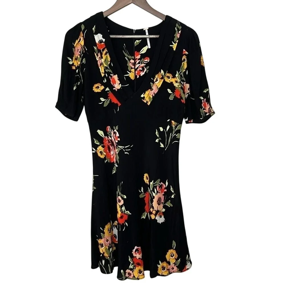Free People Neon Garden Black Floral Print‎ Mini Dress Size 0 V Neck Multi Color